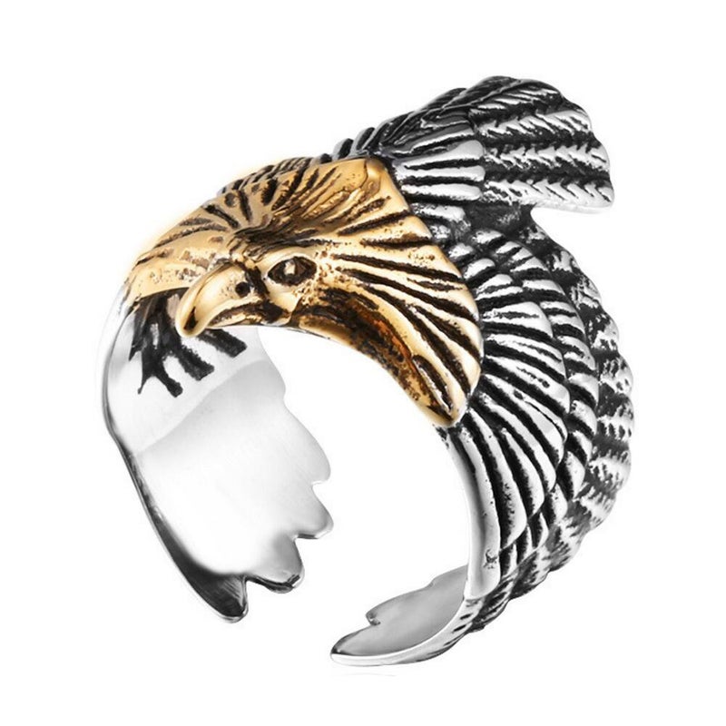 SINLEO Men's Stainless Steel Hawk Eagle Ring Skyhawk Sculpture Biker Band Silver Gold Size 11 - Image 1